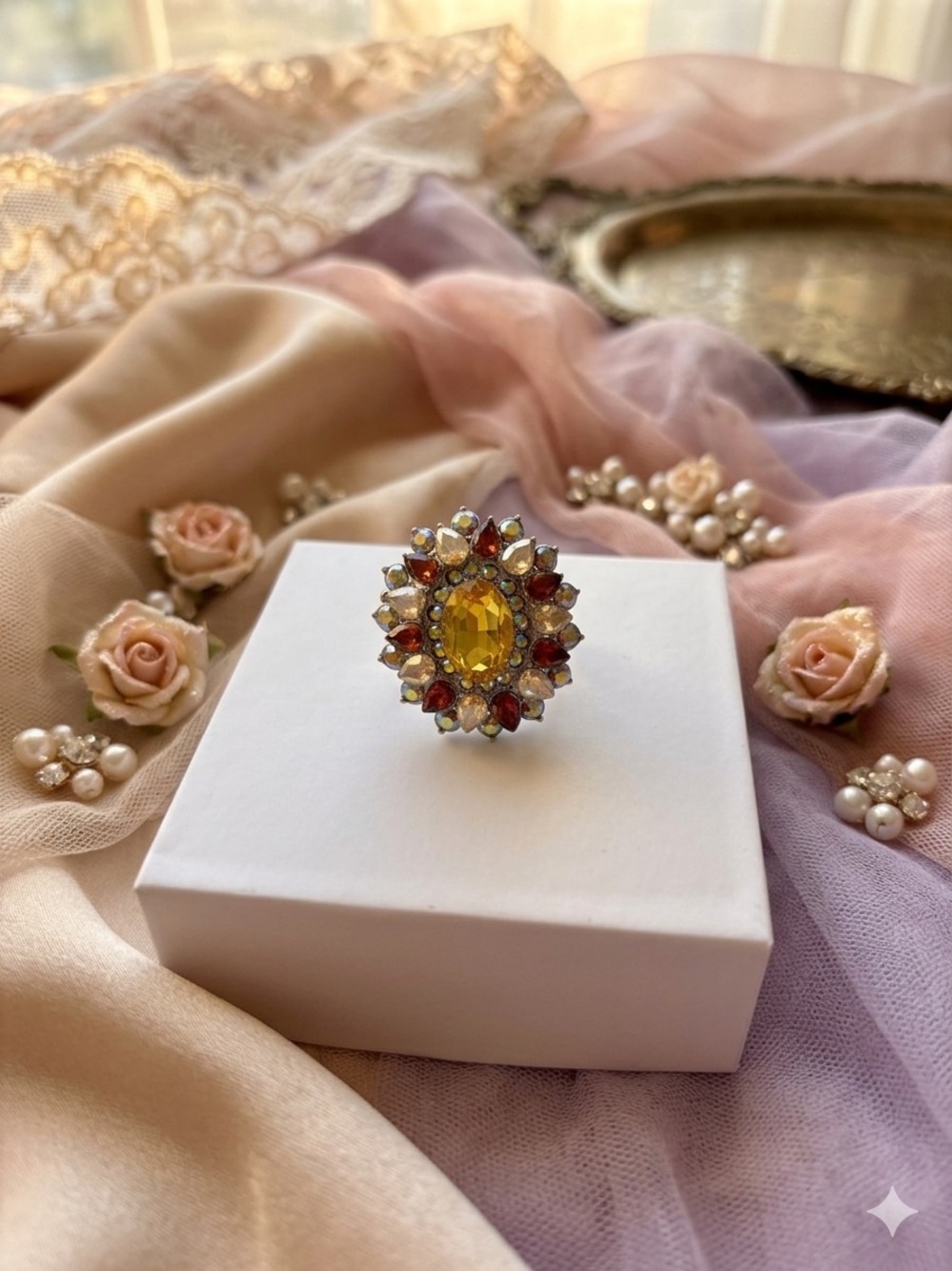 paparazzi Yellow and Red Crystal Halo Cocktail Ring